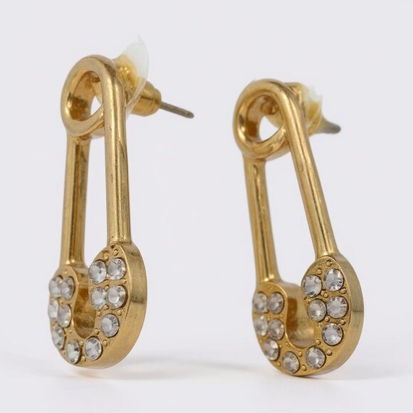 Safety Pin Gold Tone Bling Post Earrings - Picture 1 of 5